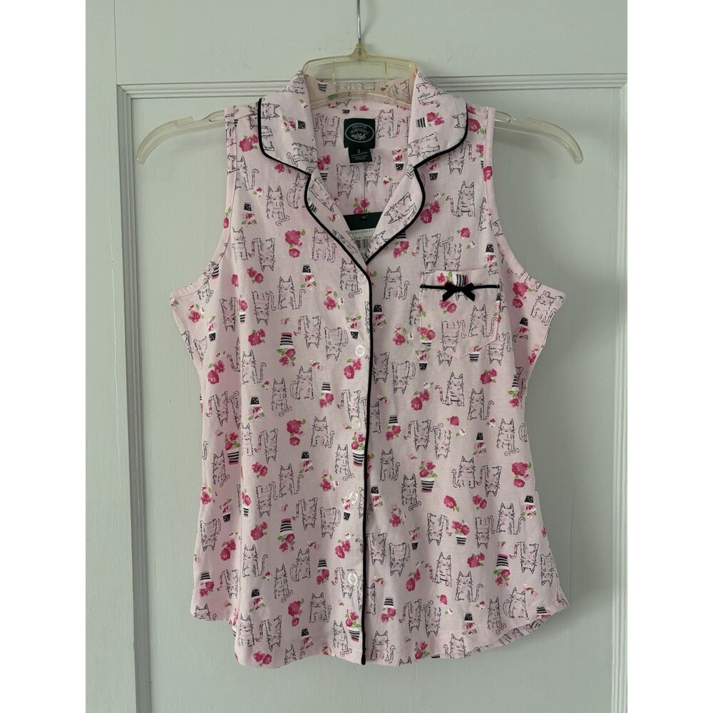 NWT Laura Ashley Pink Kitty Cat Soft Button Up Sleeveless Sleep Pajama Shirt S